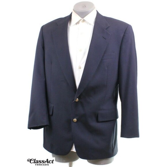 Vtg Jos A Bank Navy Blue Gold 2 Button Wool Blazer Suit Jacket Sport Coat 44L - Picture 1 of 9